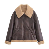 Shearling-Lined Faux Leather Aviator Jacket - M, Brown image