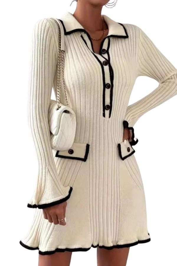Elegant Ribbed V Neck Button Down Dress image 0