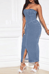 Sculpted Strapless Denim Dress image 0