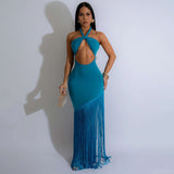 Fringe Halter Gown - L, Blue image