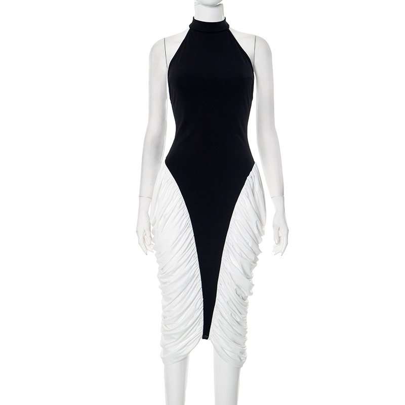Monochrome Halter Neck Ruched Midi Dress image 3