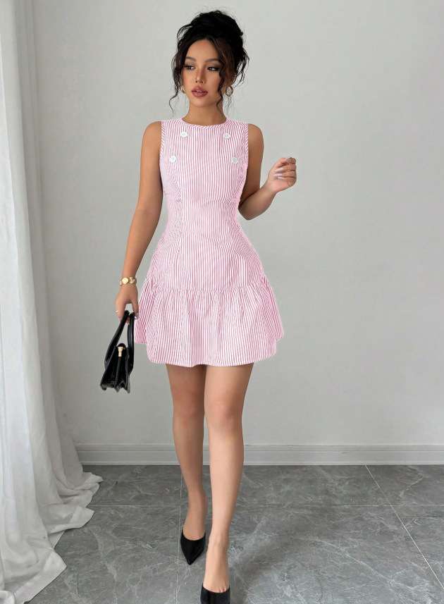 Striped Sleeveless Dress with Button Details - S, Pink image