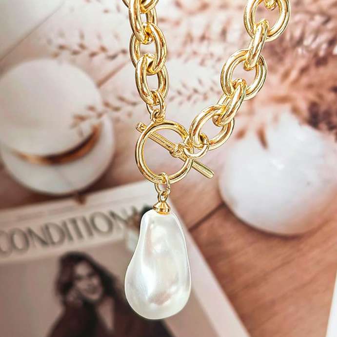 Gold Chain Necklace with Baroque Pearl Pendant image 2