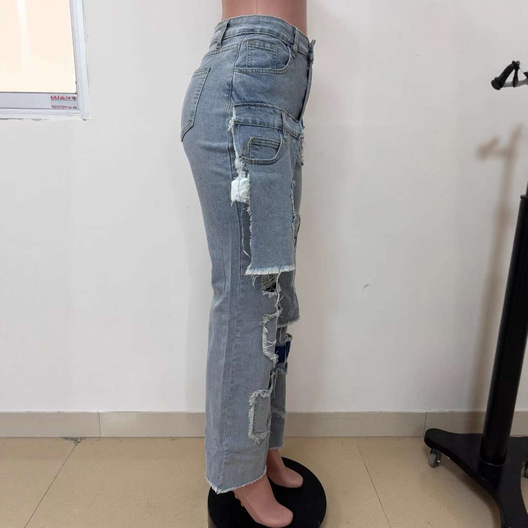 Distressed Patchwork Wide-Leg Ripped Jeans image 2