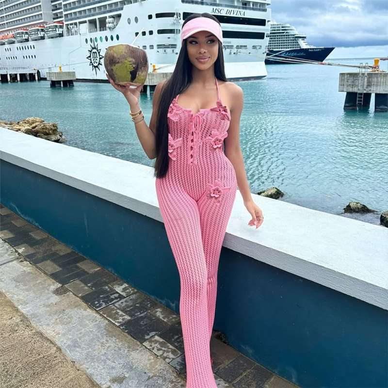 Halter V-neck 3d flower Crochet Jumpsuit - L, Pink image