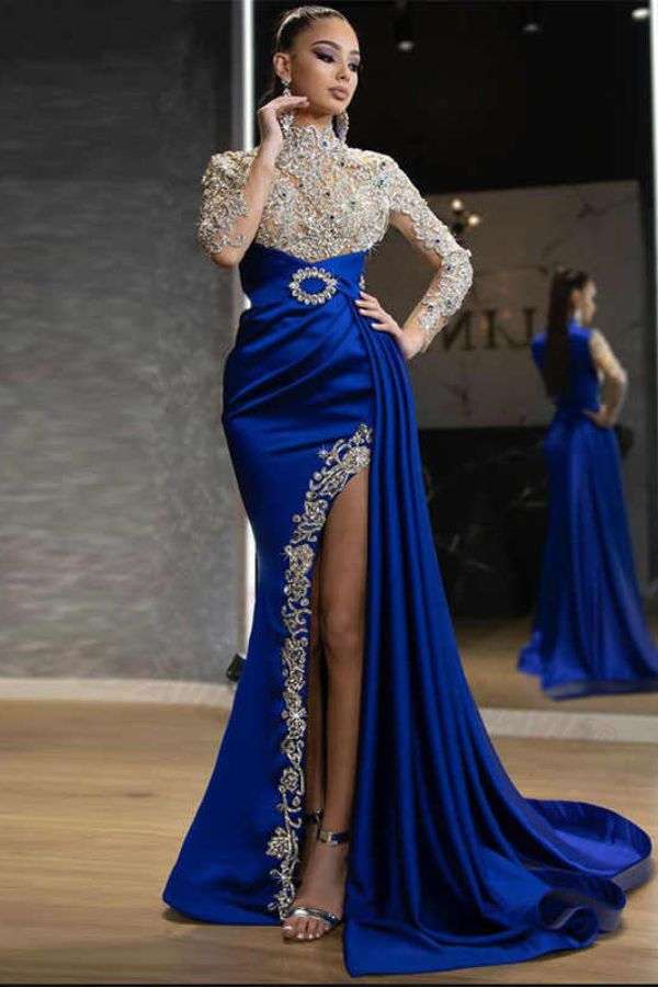 Prom Dress with Beaded Details and Ruffled Split - L, Blue image