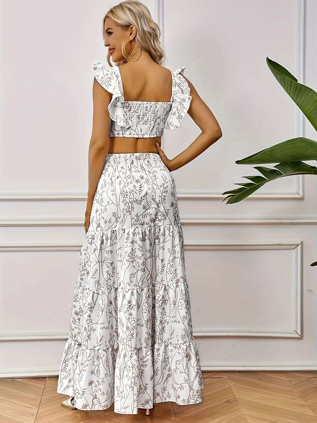 Floral Print Ruffle Crop Top & Maxi Skirt Set image 3