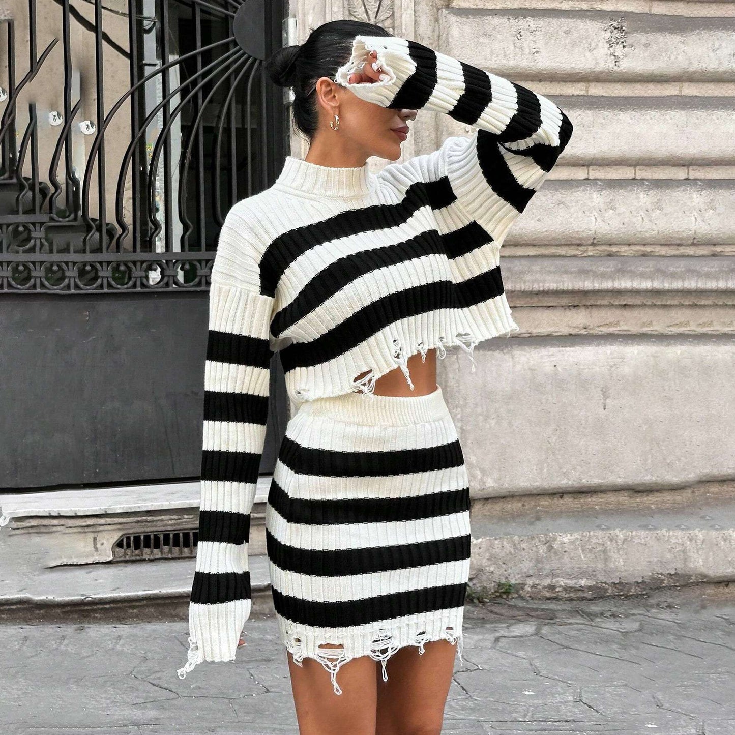 Striped Knit Crop Sweater and Mini Skirt Set image 2
