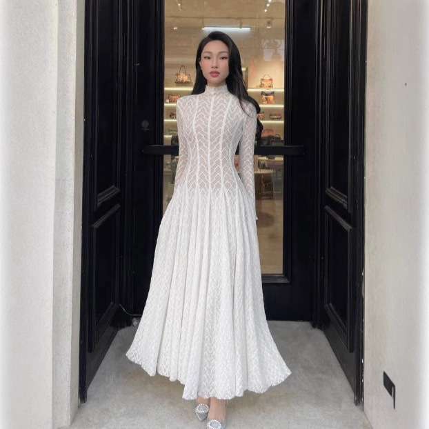 Lace Long Dress with Sheer Detailing - M, White image