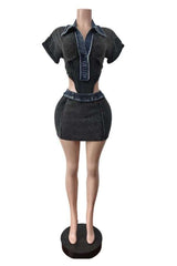 Stylish Crop Top and Mini Skirt Set - L, Black image