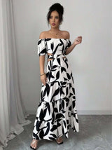 Leaf Print Off-Shoulder Maxi Dress image 2