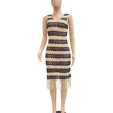 Crochet Knit Fringe Midi Dress - L, Black image