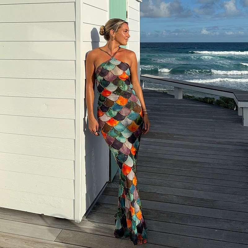 Multicolor Mermaid Scale Halter Maxi Dress - M, Multi Blue image