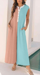 Colorblock Button-Front Jumpsuit - M, Blue image