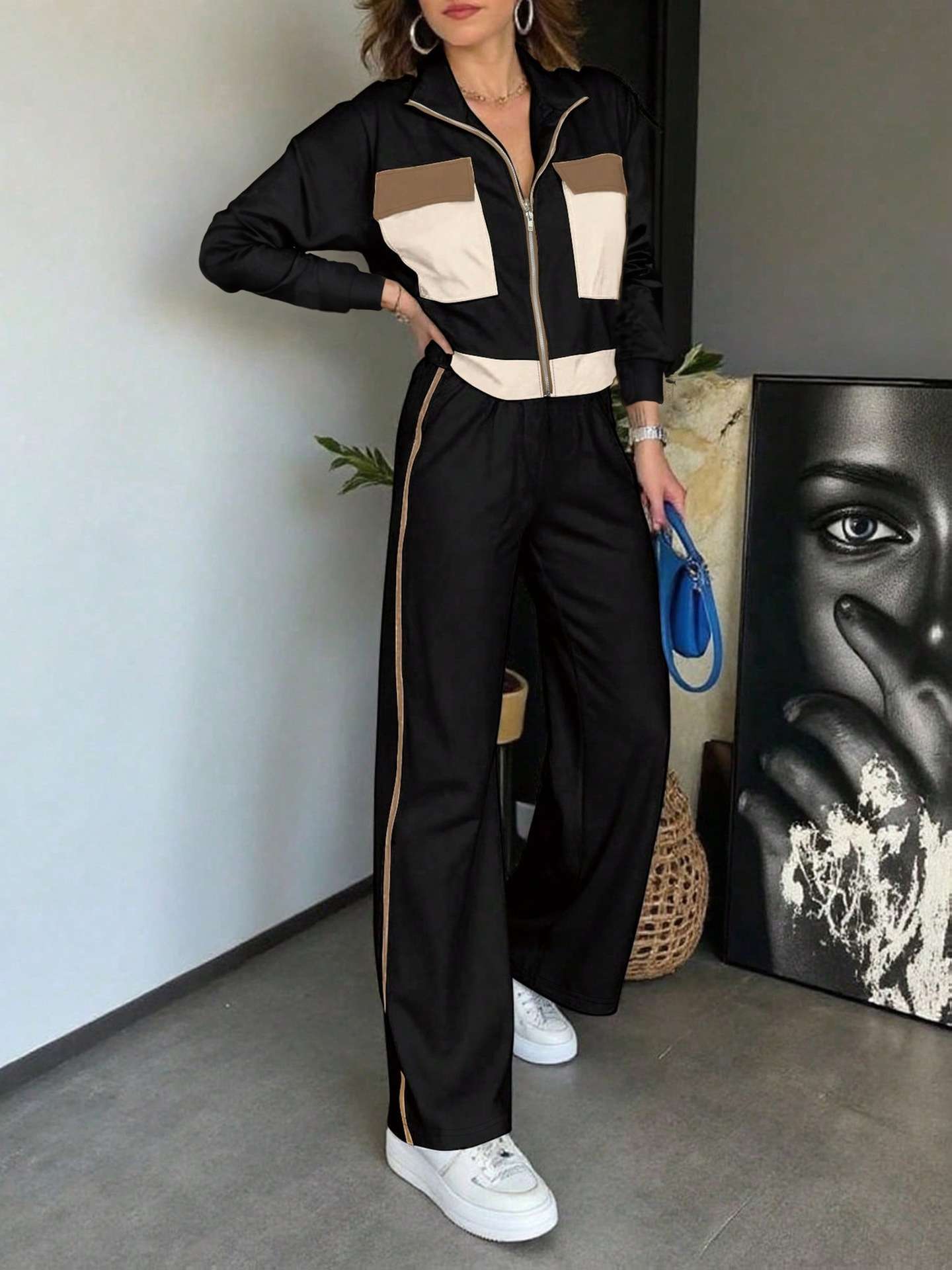 Stylish Color Block Tracksuit - L, Black image