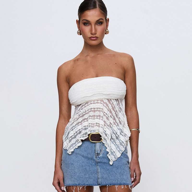 White Strapless Lace Handkerchief Hem Top image 1