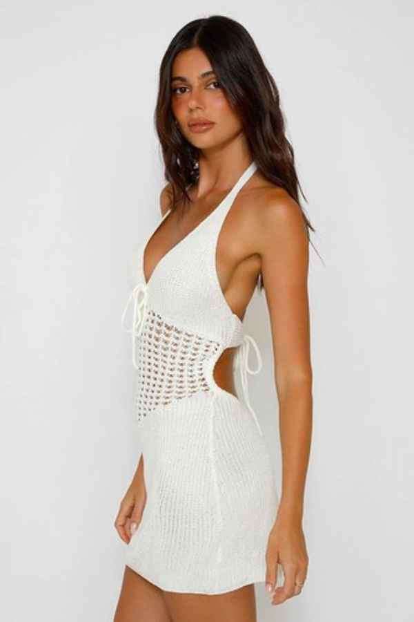 Sexy CrochetKnit Halter Neck Backless Resort Mini Dress image 4