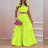 Two-Piece Set with Ruffled Sleeves and Maxi Skirt - S, Green image