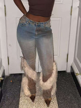 Unique Distressed Jeans with Faux Fur &amp; Lace-Up Details image 3