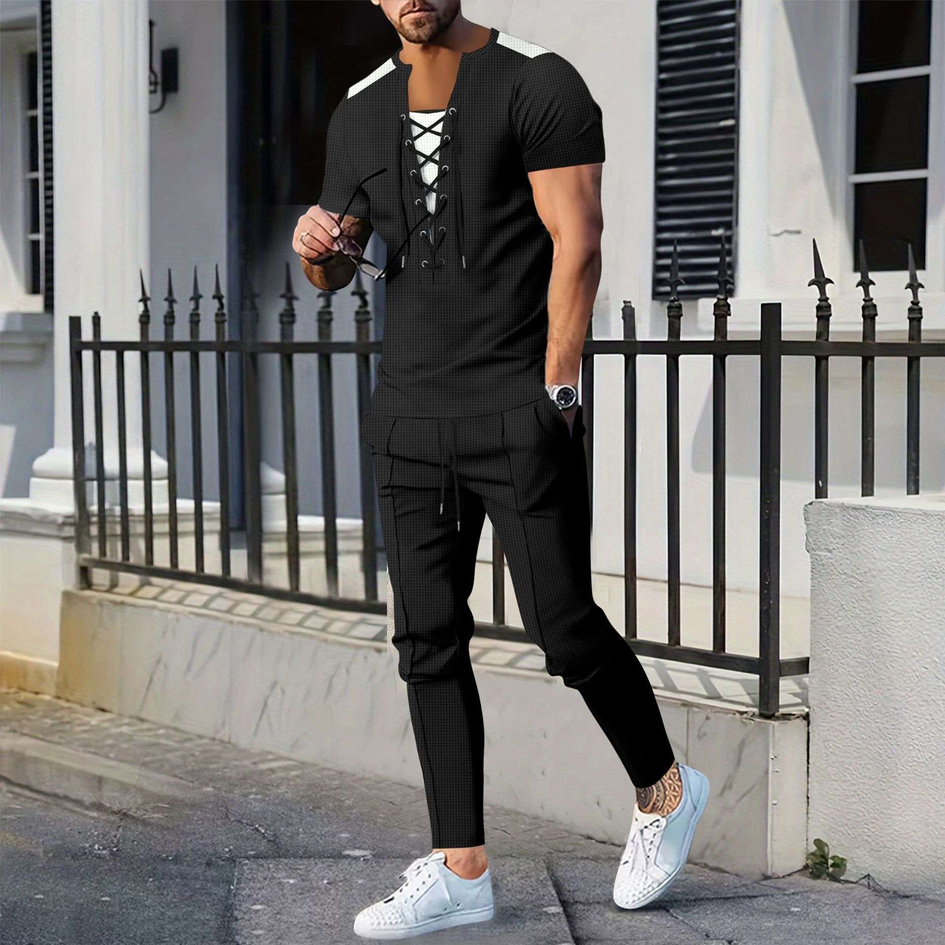 Stylish Men's Casual Laced Front T-Shirt & Pants Set - L, Black image