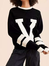 Colorblock Striped Trim Print Loose Sweater - L, Black image