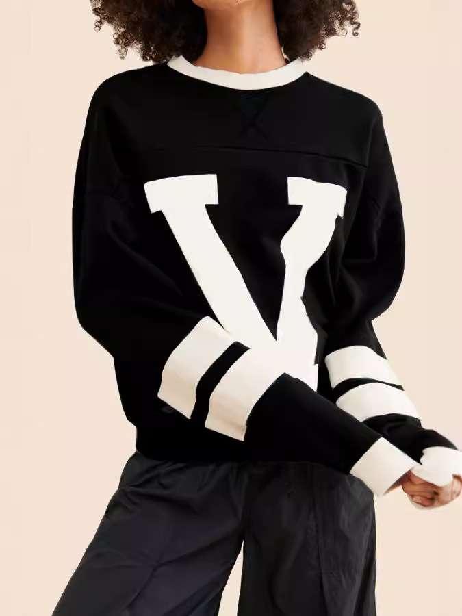 Colorblock Striped Trim Print Loose Sweater - L, Black image