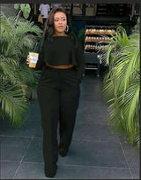 Crop Top Loose Pants Two Piece Casual Suits - M, Black image
