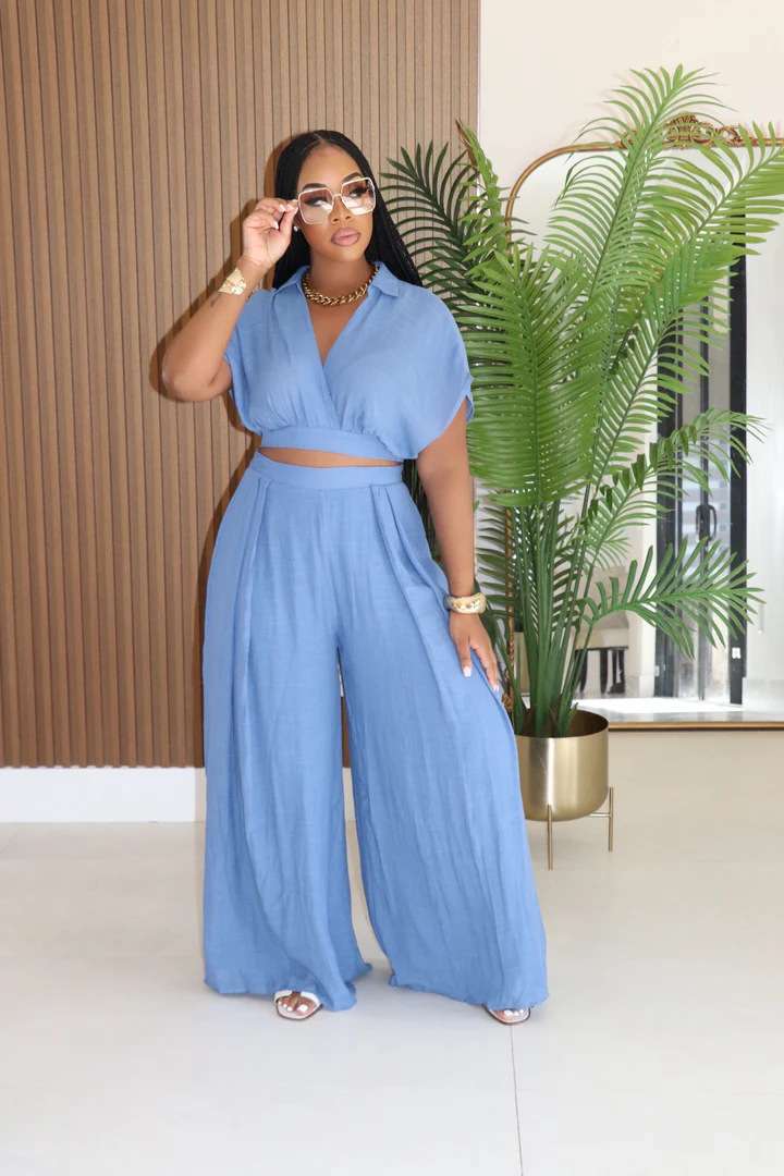 Cropped Top with Wide-Leg Pants Set - S, Blue image