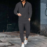 Long Sleeve V-Neck Sports T-Shirt And Pants Set - L, Dark Grey image