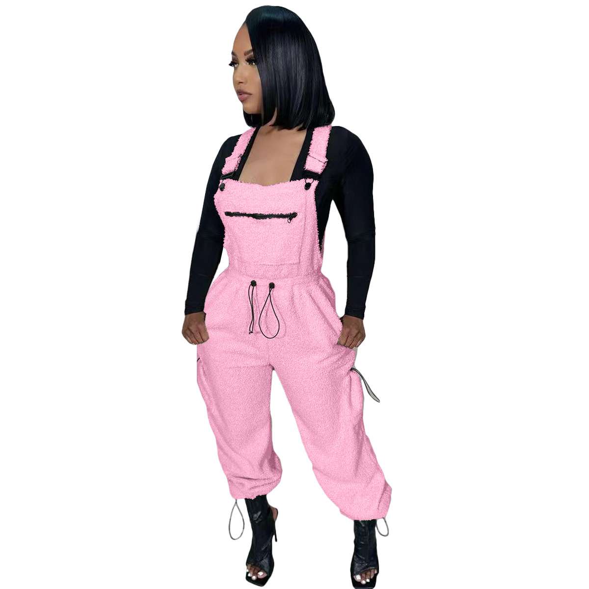 Loose Fit Jumpsuits with Pockets Bib Pants - XL, Pink image