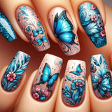 Blue Butterfly and Floral Nail Art - One size, Blue image