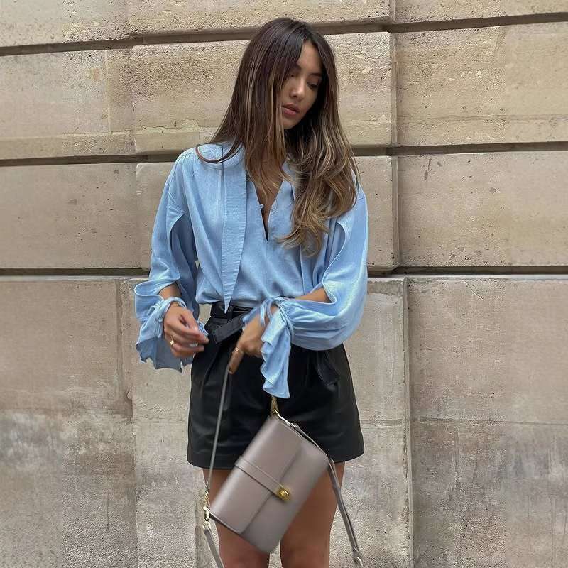 Blouse with billowy sleeves and front tie detail image 2