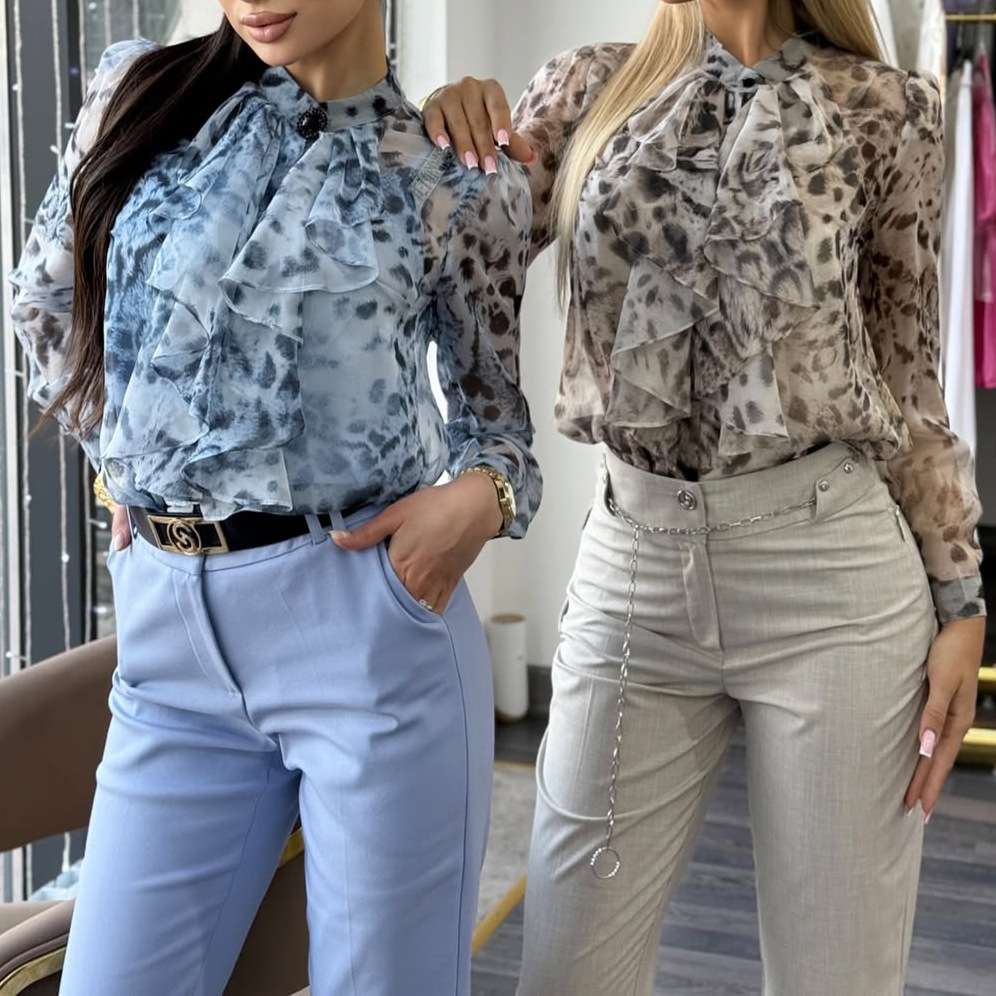 Leopard Print Ruffled Blouses with Puffed Sleeves image 2