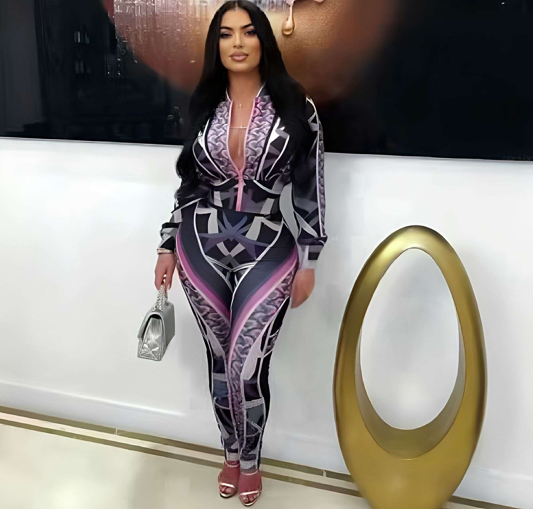 Geometric Print Zipper Front Two Piece Set - L, Purple image