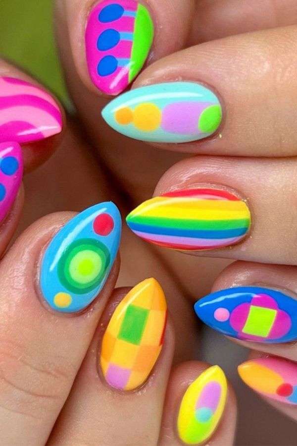 Vibrant Neon Geometric Pattern Nail Art - Free Size, Yellow image