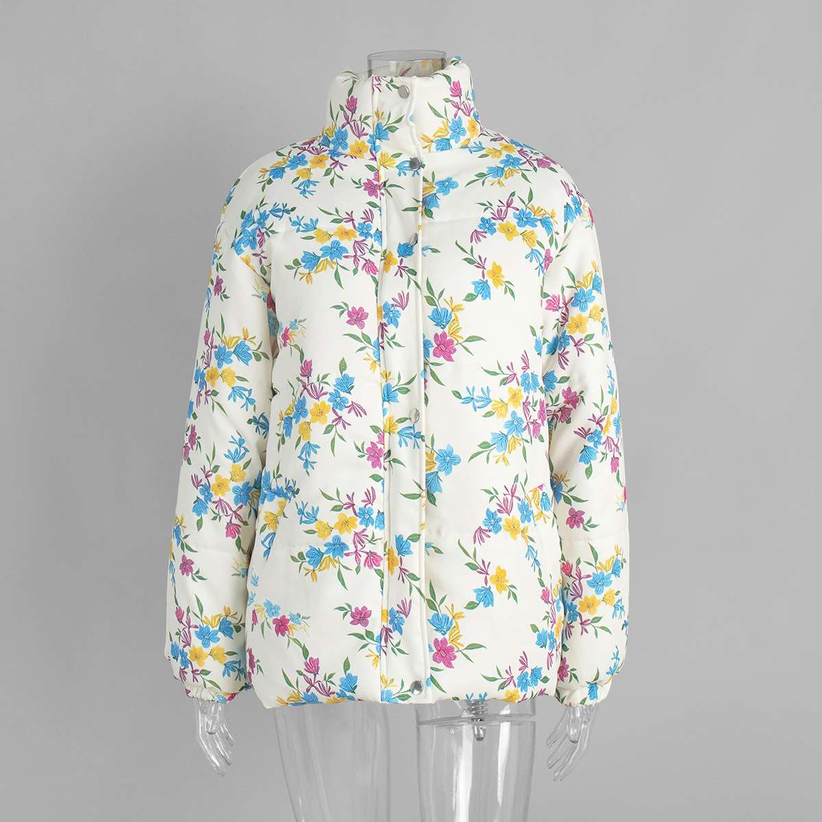 Floral Pattern Puffer Jacket with High Collar image 3