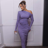 Asymmetrical Neck Ruched  Shimmery Maxi Dress - M, Purple image