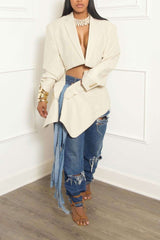 Autumn Cropped Blazer Suit and Lace-Up Skirt Set - L, Beige image