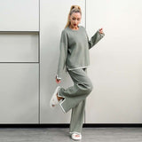 Casaul Sweater Sets Pullover Tops Wide Leg Pants - M, Frosty Green image