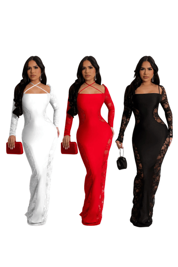 Elegent Lace See Through Long Sleeve Maxi Dresses image 1