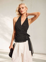 Polka Dot Wrap Top with Tie Detail - L, Black image