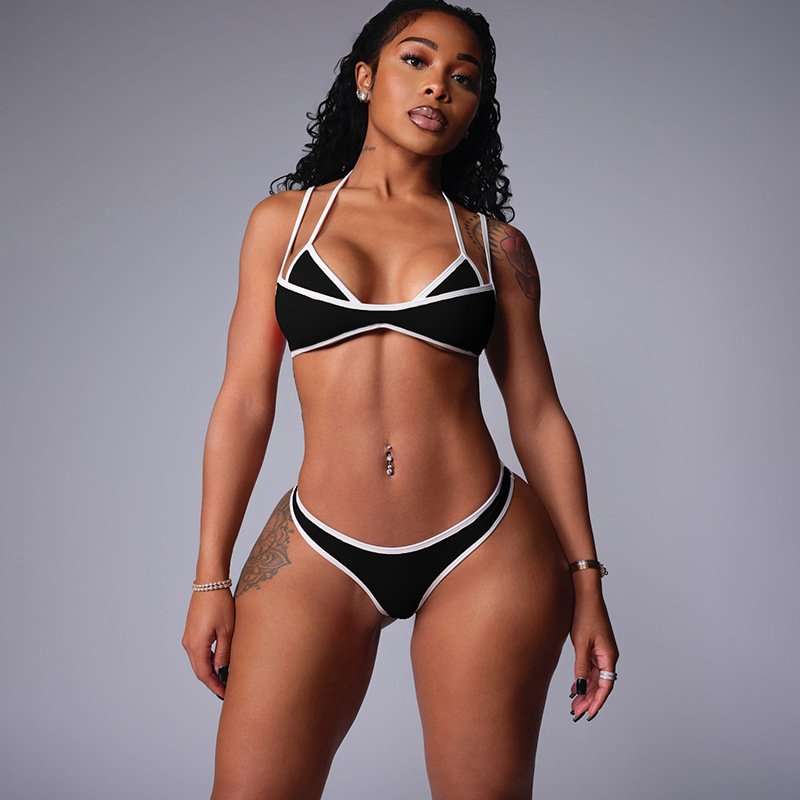 Strappy Contrast Bikini Set - L, Black image