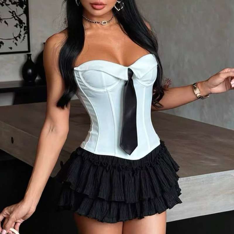 Strapless Bustier Top with Tie Detail - M, White image