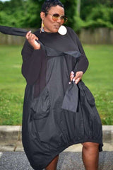 Short Sleeves Loose Patchwork Dress - XL, Black image