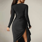 Black Long-Sleeve Draped Midi Dress image 2