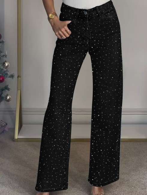 High-Waisted Wide-Leg Jeans with Embellishments - M, Black image