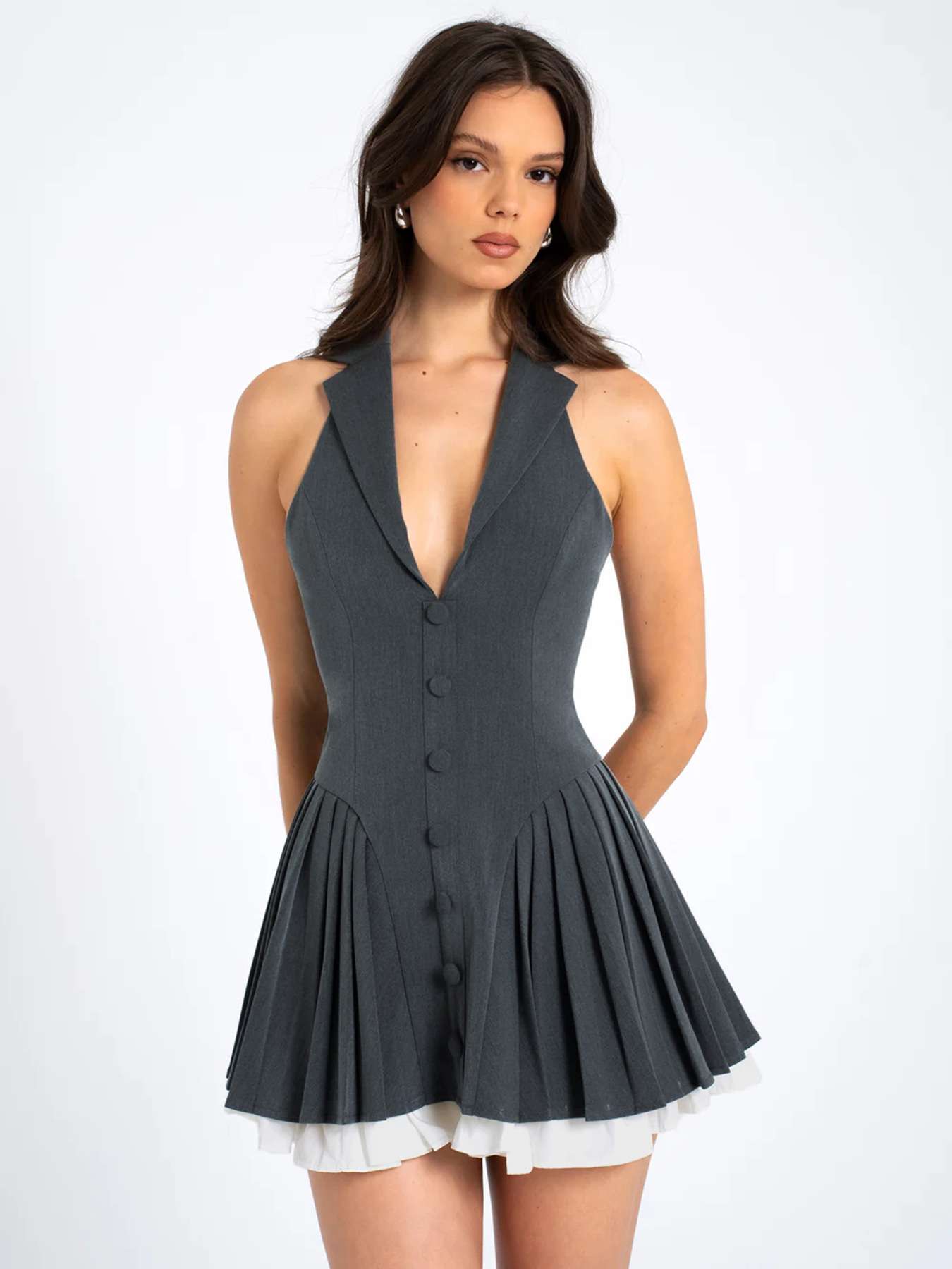 Sleeveless Button-Front Pleated Dress - M, Grey image