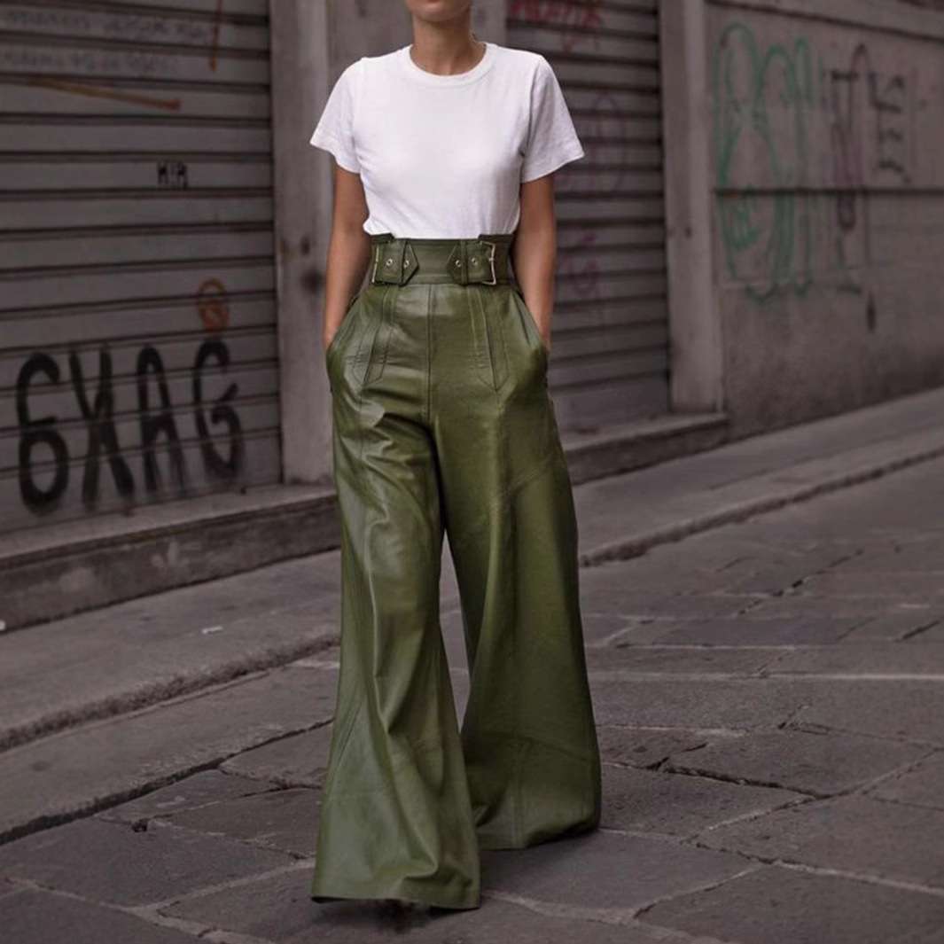 Fashion Faux-Leather Wide Leg Pants - M, Dark Olive Green image