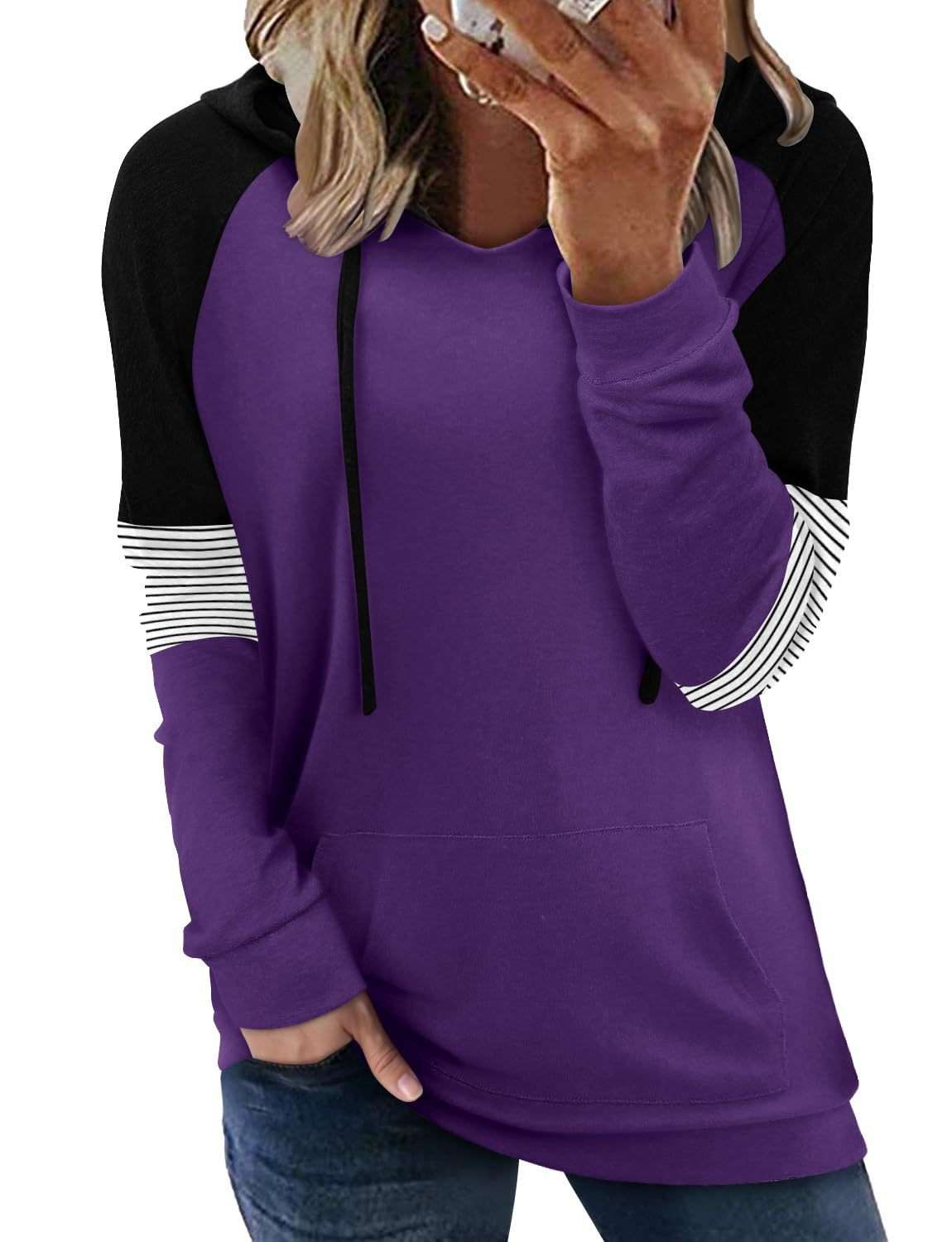 Colorblock Hoodie with Striped Sleeve - M, Purple image