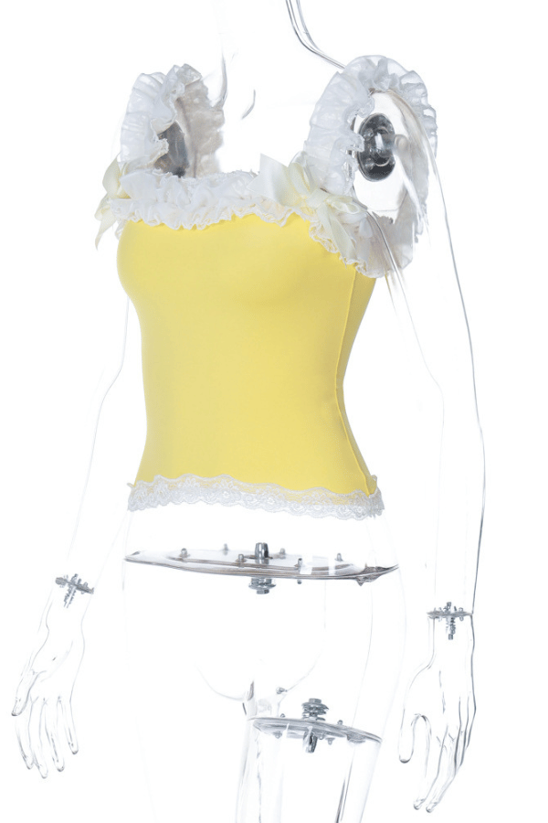 Lace Panel Ruffled-Trim Bow Accent Slim-Fit Crop Tank Top image 4